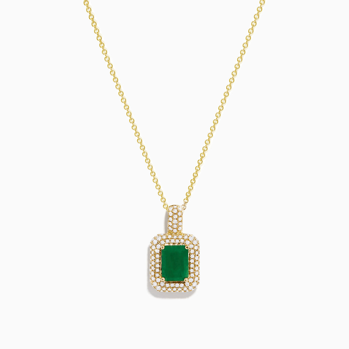 The Brasilica 14K Yellow Gold Emerald and Diamond Pendant showcases a rectangular emerald accented with sparkling diamonds, set against a plain white background.
