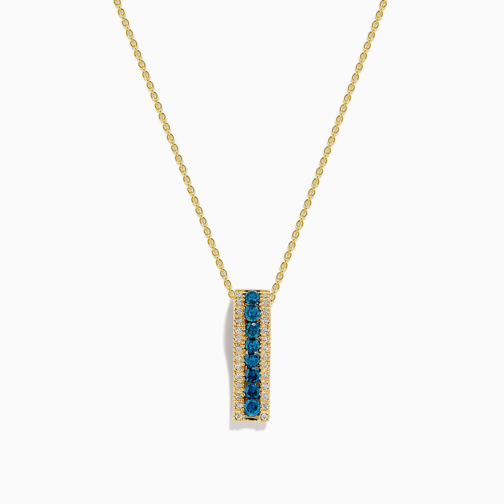 14K Yellow Gold Blue and White Diamond Vertical Bar Pendant
