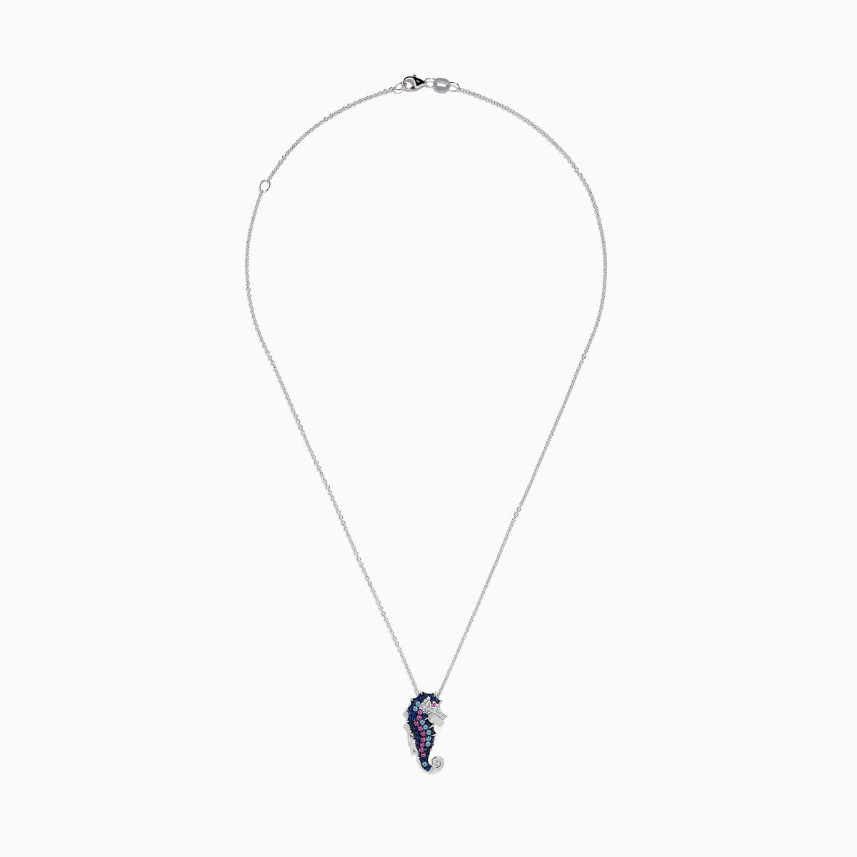 The Seaside 14K White Gold Diamond and Multi Stone Seahorse Pendant features blue, pink, and purple gems with a sparkling diamond at the curled tail.