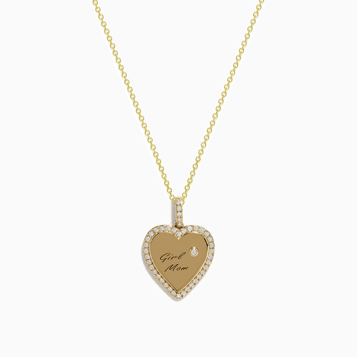 The Novelty 14k Yellow Gold Girl Mom Diamond Heart Pendant features a gold heart engraved with “Girl Mom,” a diamond-studded border, and a sparkling diamond accent above the text.