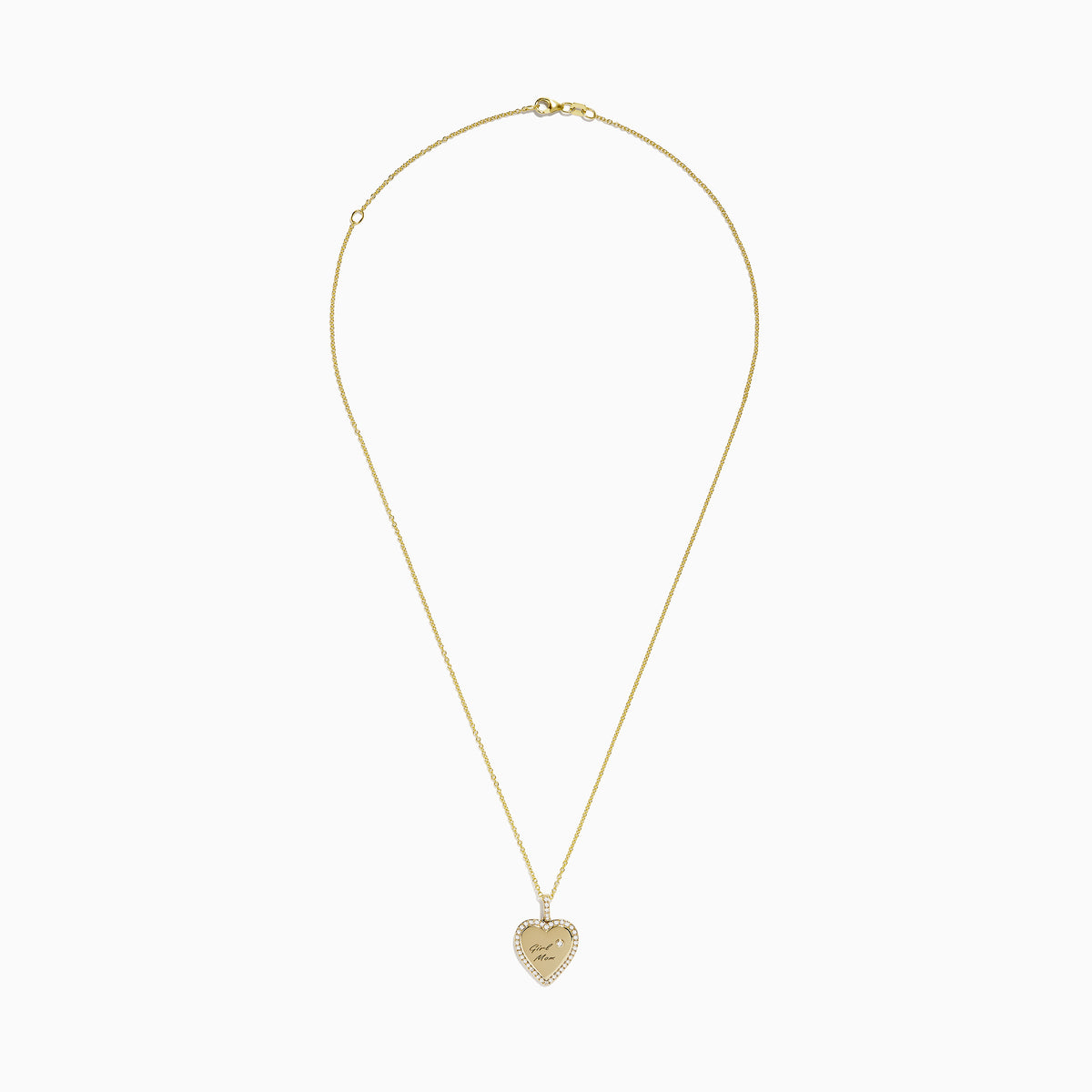 The Novelty 14k Yellow Gold Girl Mom Diamond Heart Pendant features a gold heart engraved with “Girl Mom,” a diamond-studded border, and a sparkling diamond accent above the text.