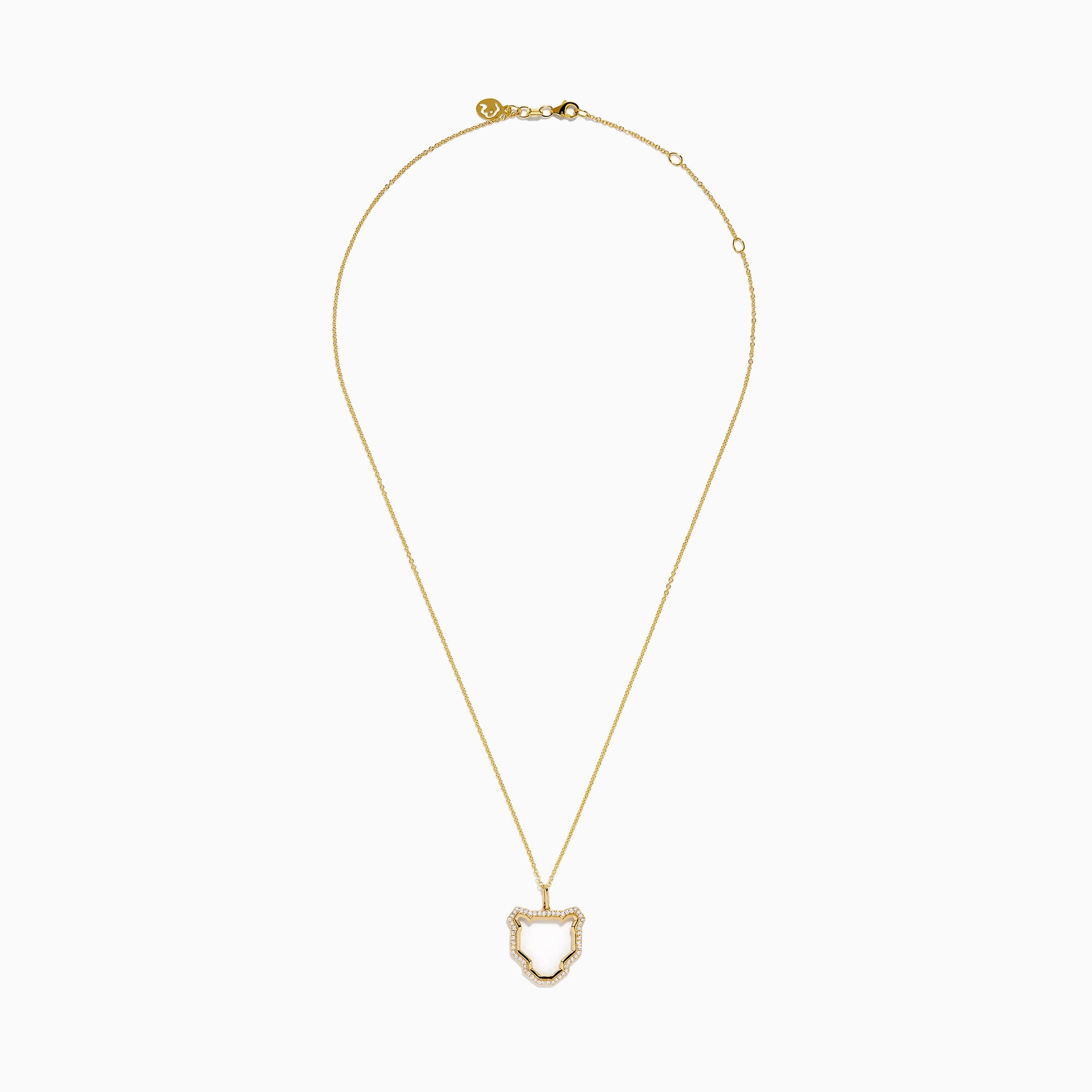 The Signature 14K Yellow Gold Diamond Panther Silhouette Pendant features a minimalist open panther design on a chain, accented with small white gemstones along the edges.