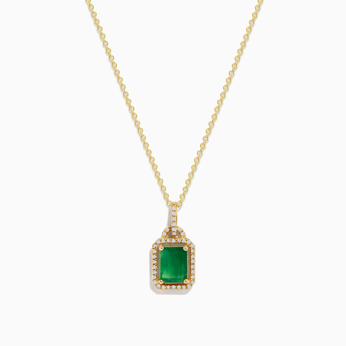 The Brasilica 14K Yellow Gold Emerald & Diamond Pendant, 1.62 TWC, features a rectangular emerald framed by sparkling diamonds on a gold chain, shown against a white background.