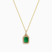The Brasilica 14K Yellow Gold Emerald & Diamond Pendant, 1.62 TWC, features a rectangular emerald framed by sparkling diamonds on a gold chain, shown against a white background.
