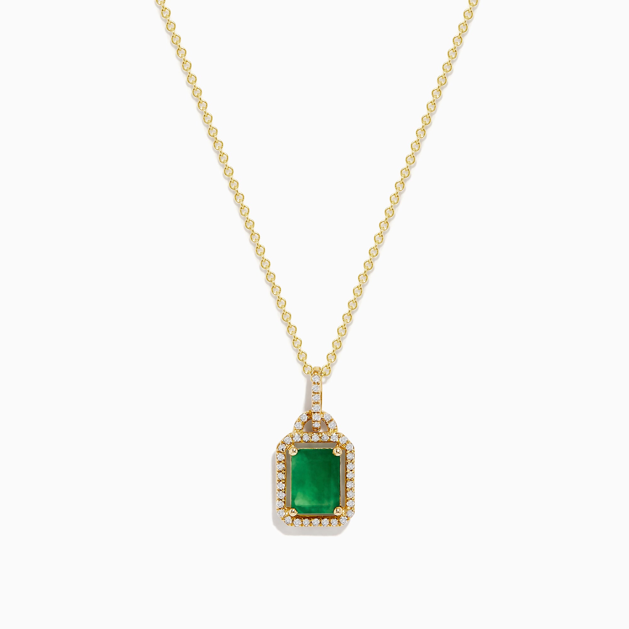 The Brasilica 14K Yellow Gold Emerald & Diamond Pendant, 1.62 TWC, features a rectangular emerald framed by sparkling diamonds on a gold chain, shown against a white background.