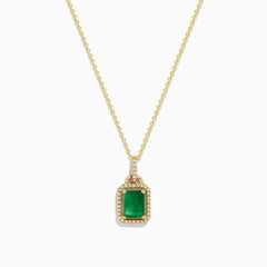 The Brasilica 14K Yellow Gold Emerald & Diamond Pendant, 1.62 TWC, features a rectangular emerald framed by sparkling diamonds on a gold chain, shown against a white background.