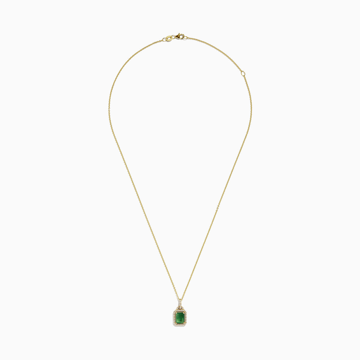The Brasilica 14K Yellow Gold Emerald & Diamond Pendant, 1.62 TWC, features a rectangular emerald framed by sparkling diamonds on a gold chain, shown against a white background.