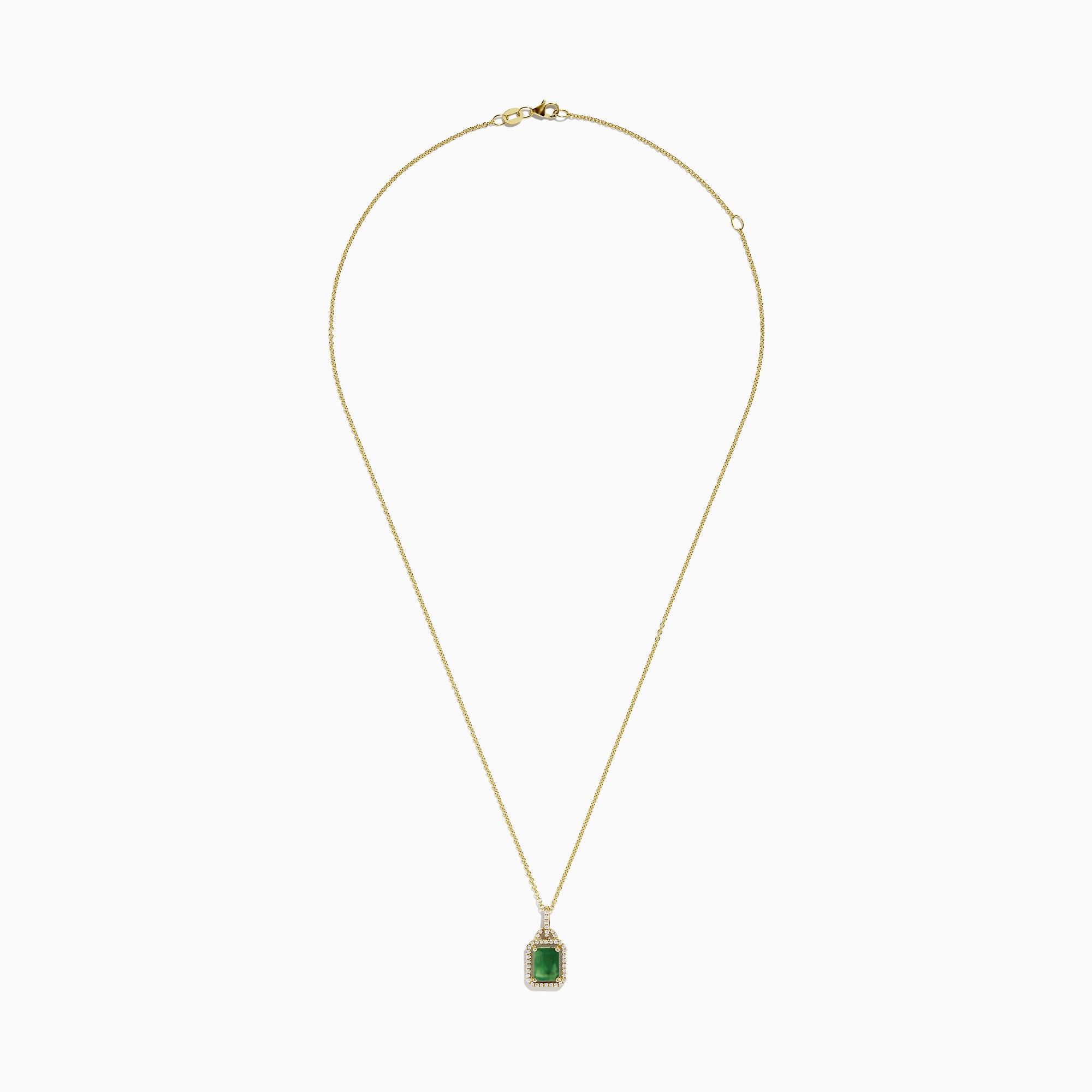 The Brasilica 14K Yellow Gold Emerald & Diamond Pendant, 1.62 TWC, features a rectangular emerald framed by sparkling diamonds on a gold chain, shown against a white background.