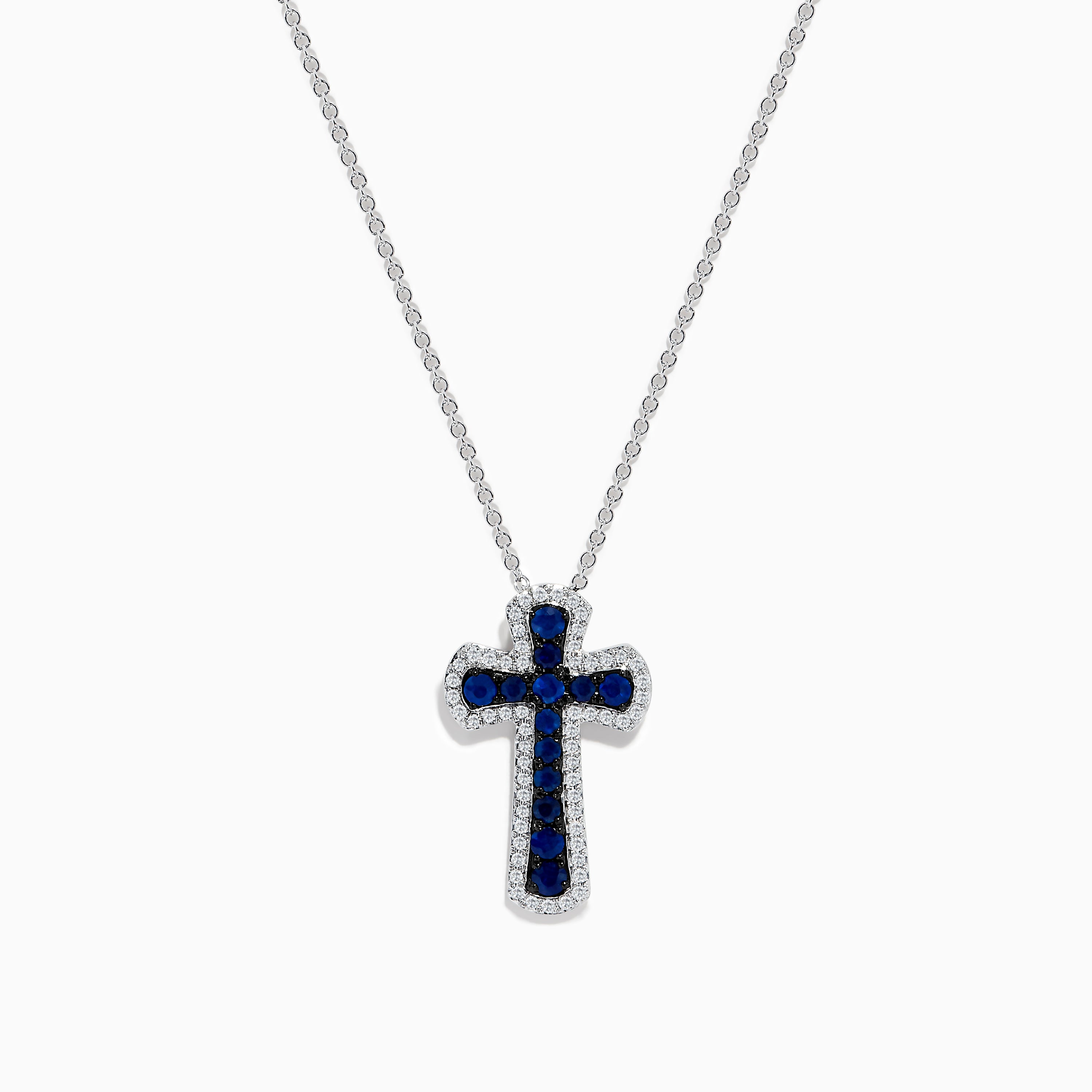 14K White Gold Blue Sapphire Diamond Cross Pendant, TCW