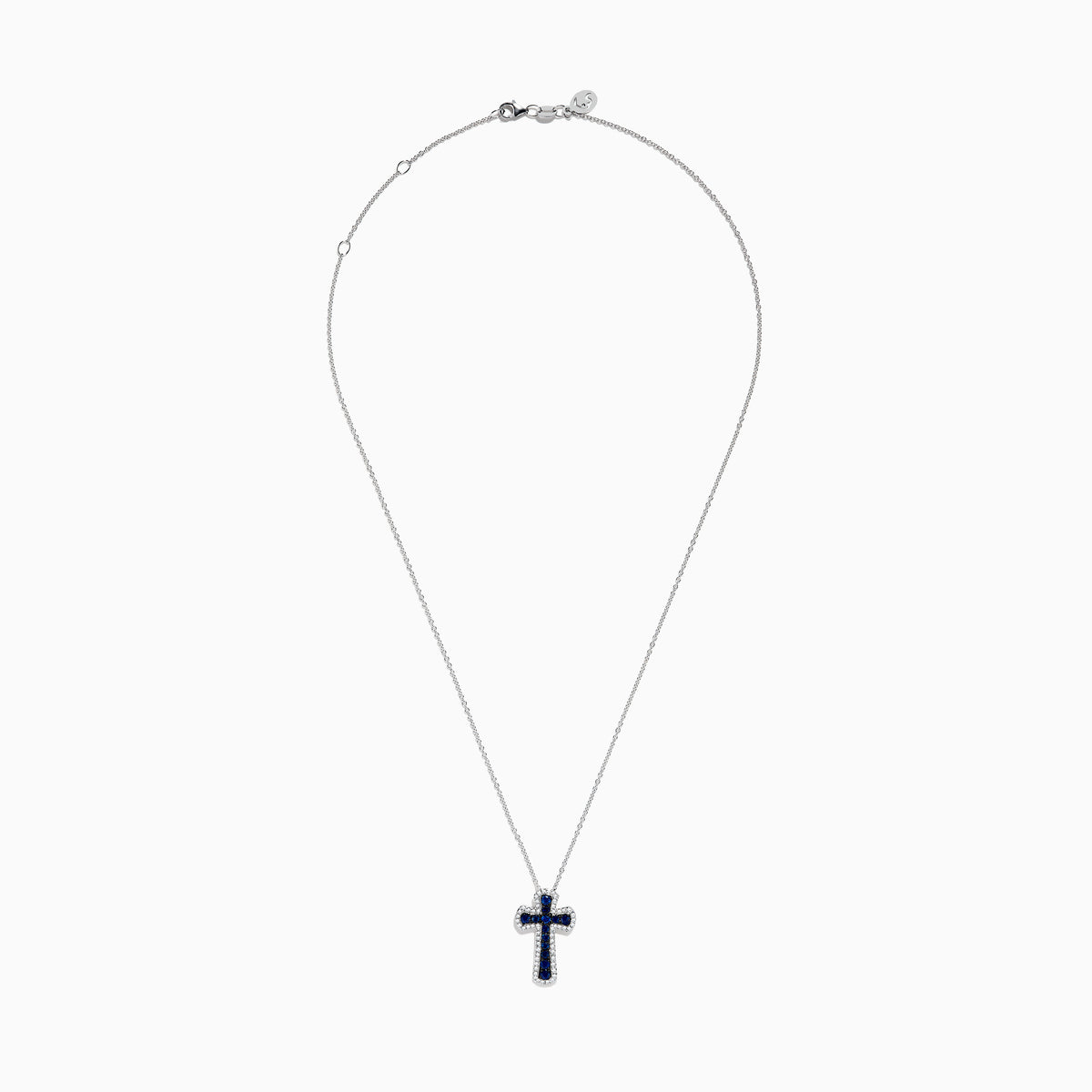 A 14K white gold necklace featuring a blue sapphire and diamond cross pendant, 0.91 total carat weight.