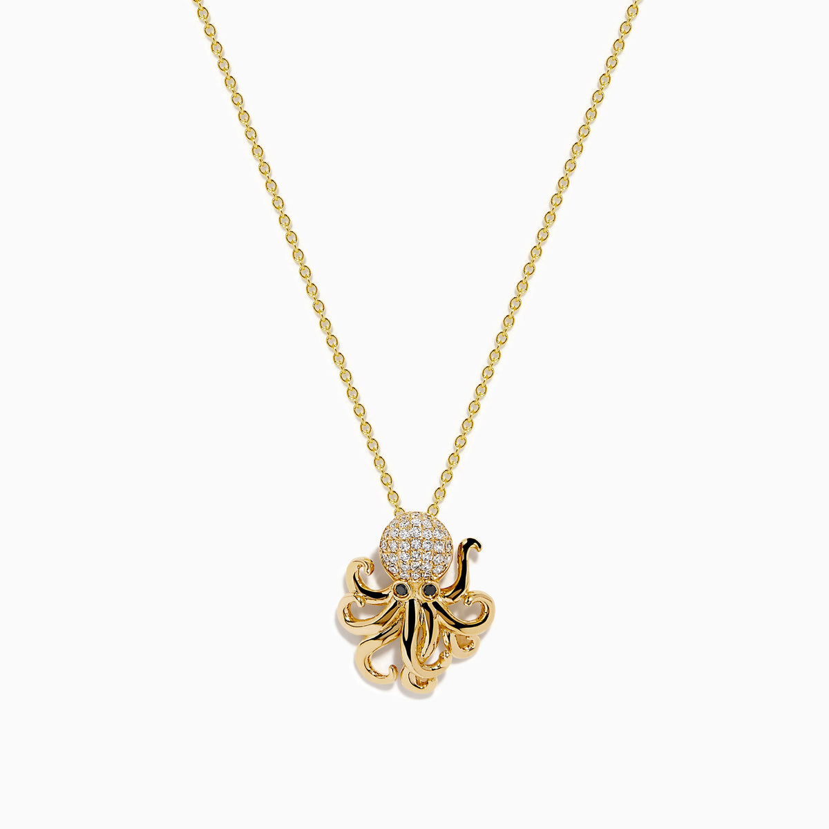 14K Yellow Gold White and Black Diamond Octopus Pendant