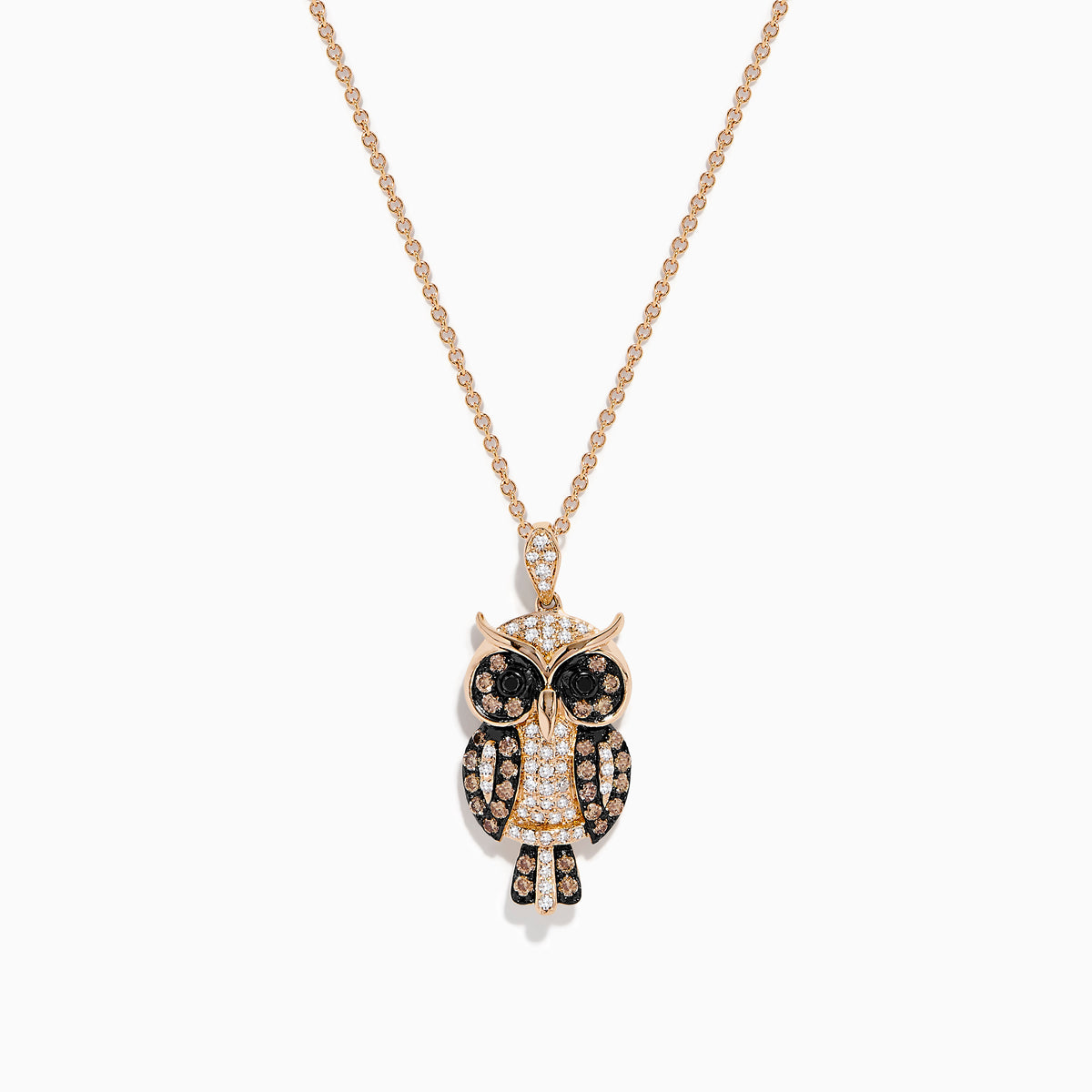 Safari 14K Rose Gold Brown Black White Diamond Owl Pendant 0.58 TCW