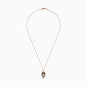 The Safari 14K Rose Gold Owl Pendant features 0.58 TCW brown, black, and white diamonds highlighting its eyes, wings, and body, all hanging from a delicate chain.