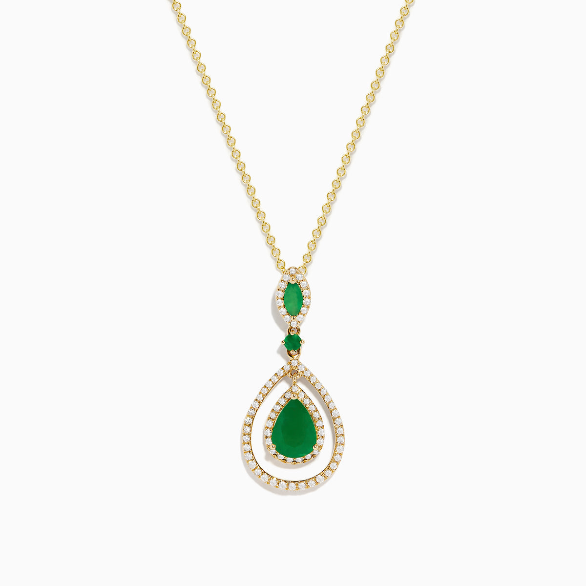 The Brasilica 14K Yellow Gold Emerald and Diamond Pendant, 1.43 TCW, features a teardrop shape with vivid emeralds and sparkling diamonds, shown on a white background.
