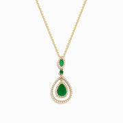 The Brasilica 14K Yellow Gold Emerald and Diamond Pendant, 1.43 TCW, features a teardrop shape with vivid emeralds and sparkling diamonds, shown on a white background.