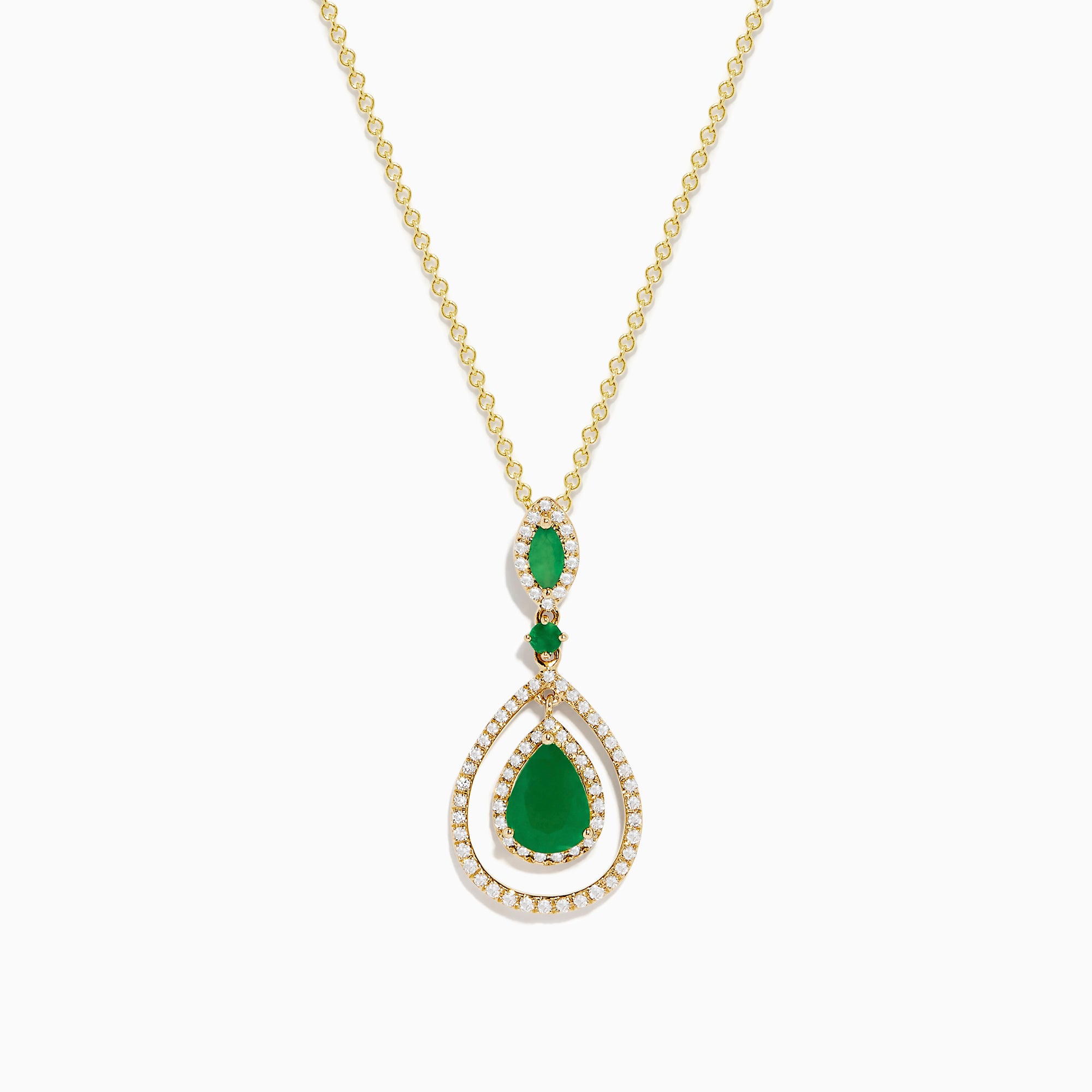 The Brasilica 14K Yellow Gold Emerald and Diamond Pendant, 1.43 TCW, features a teardrop shape with vivid emeralds and sparkling diamonds, shown on a white background.