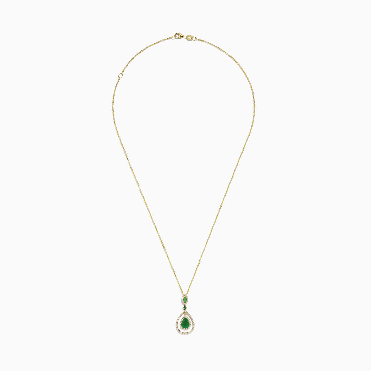 The Brasilica 14K Yellow Gold Emerald and Diamond Pendant, 1.43 TCW, features a teardrop shape with vivid emeralds and sparkling diamonds, shown on a white background.