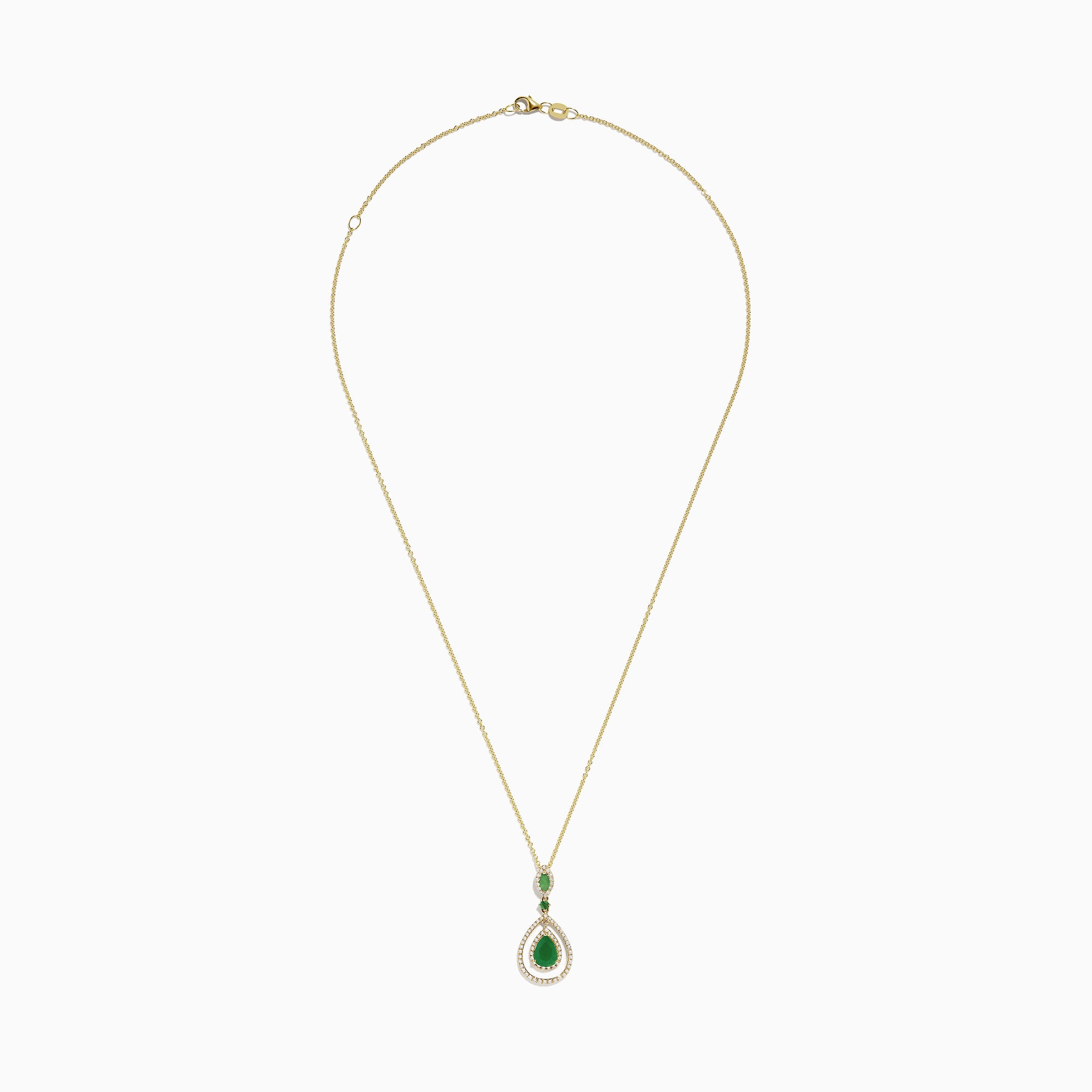 The Brasilica 14K Yellow Gold Emerald and Diamond Pendant, 1.43 TCW, features a teardrop shape with vivid emeralds and sparkling diamonds, shown on a white background.
