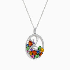 The Watercolors 14K White Gold Multi Sapphire & Diamond Pendant, 3.96 TCW, features a delicate swirl design set with vibrant red, green, blue, yellow, and purple sapphires on a thin chain for elegant appeal.