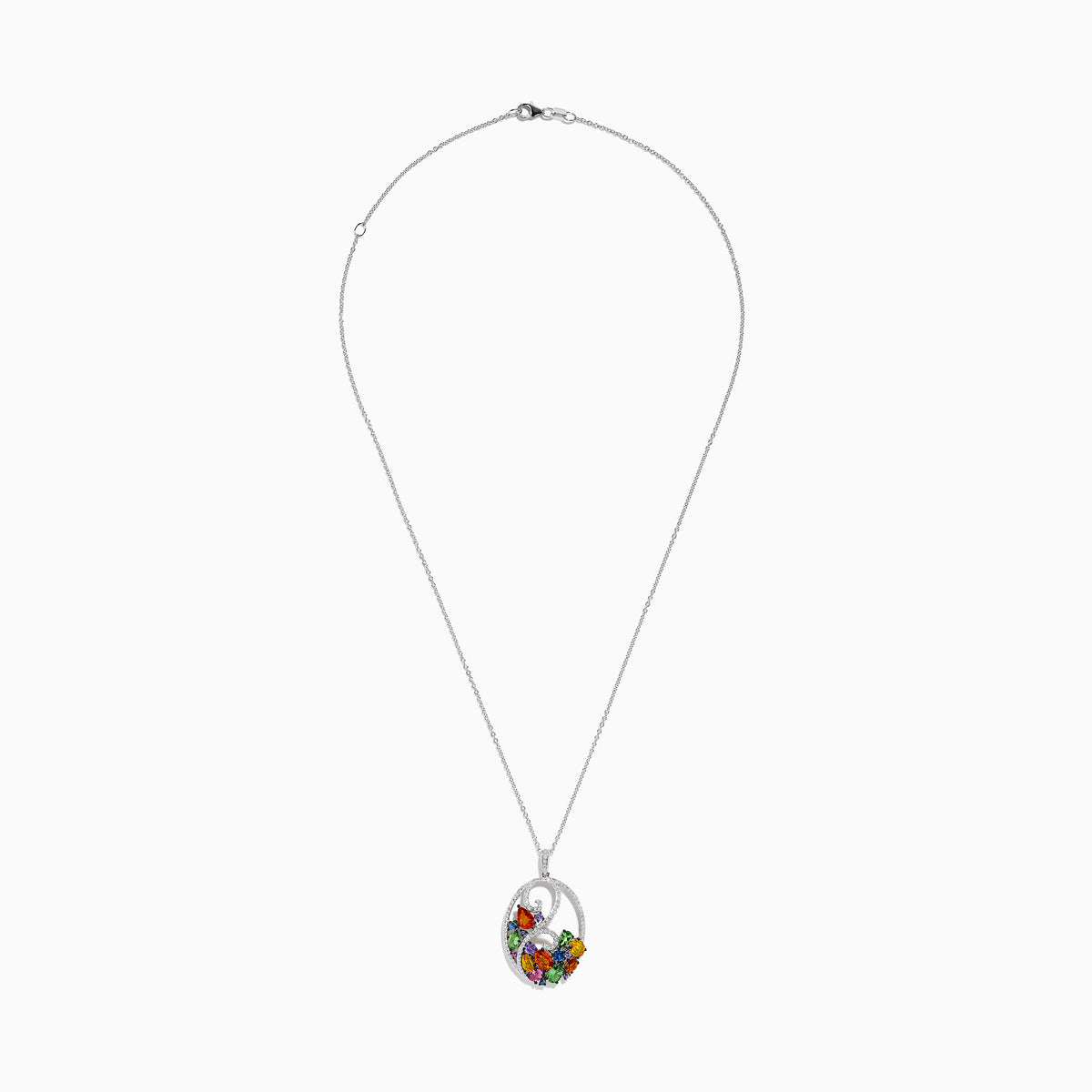 The Watercolors 14K White Gold Multi Sapphire & Diamond Pendant, 3.96 TCW, features a delicate swirl design set with vibrant red, green, blue, yellow, and purple sapphires on a thin chain for elegant appeal.