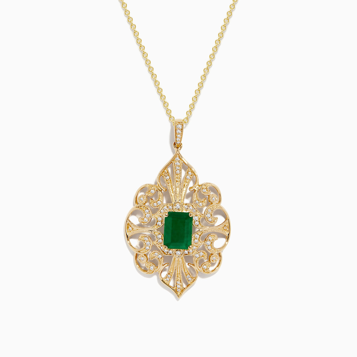 The Brasilica 14K Yellow Gold Emerald & Diamond Filigree Pendant features a large rectangular emerald center, intricate yellow gold detailing, and sparkling diamonds for a total carat weight of 1.62.