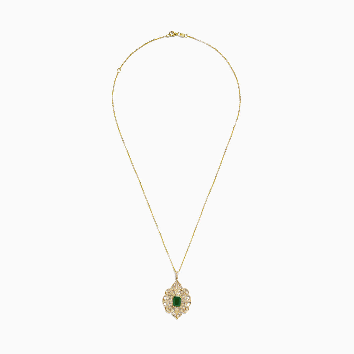 The Brasilica 14K Yellow Gold Emerald & Diamond Filigree Pendant features a large rectangular emerald center, intricate yellow gold detailing, and sparkling diamonds for a total carat weight of 1.62.