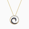 The Royale Bleu 14K Yellow Gold Sapphire & Diamond Wave Pendant (0.49 TCW) features a circular design with diamond waves, blue sapphire accents, yellow gold and silver finishes, and hangs from a fine chain for a delicate touch.