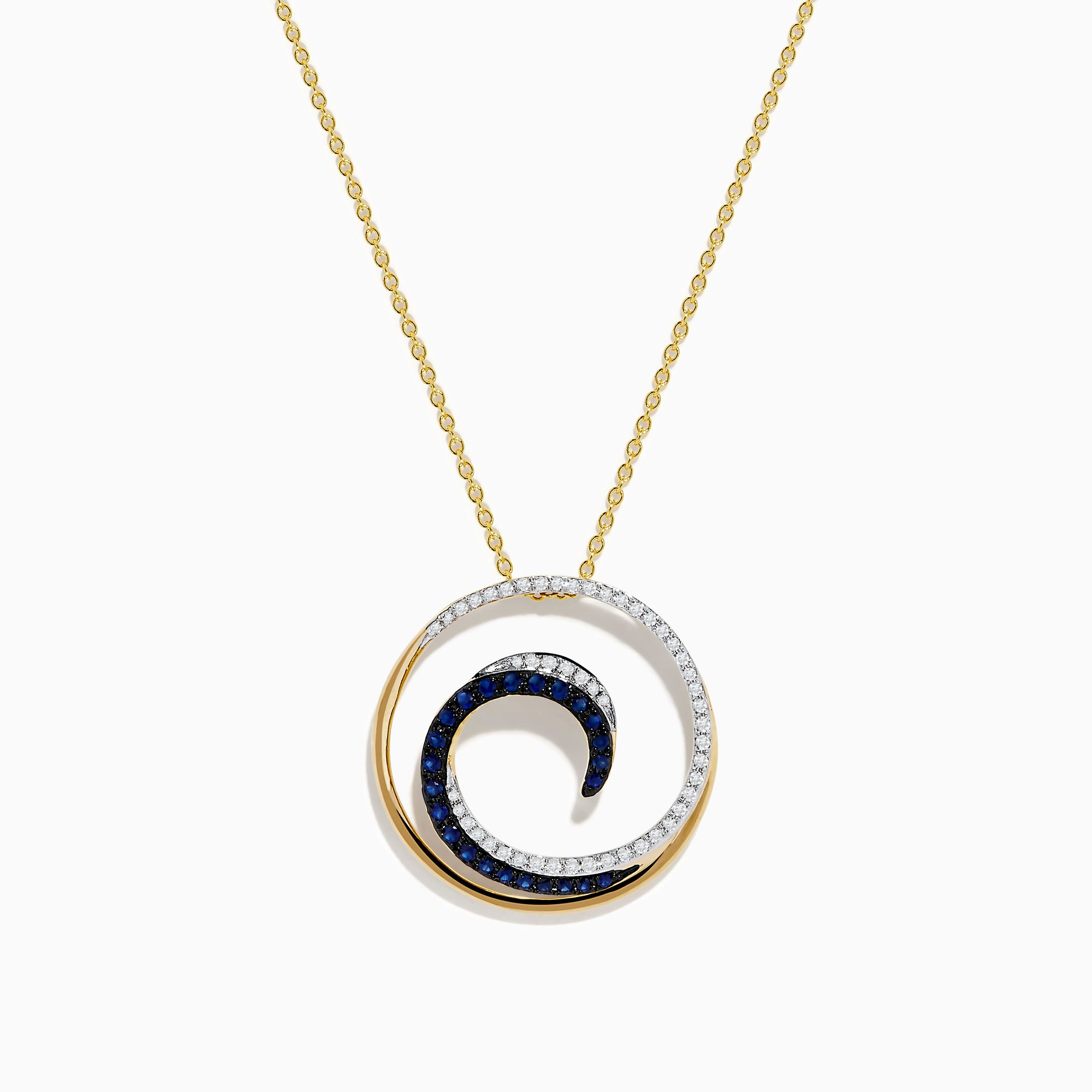 The Royale Bleu 14K Yellow Gold Sapphire & Diamond Wave Pendant (0.49 TCW) features a circular design with diamond waves, blue sapphire accents, yellow gold and silver finishes, and hangs from a fine chain for a delicate touch.