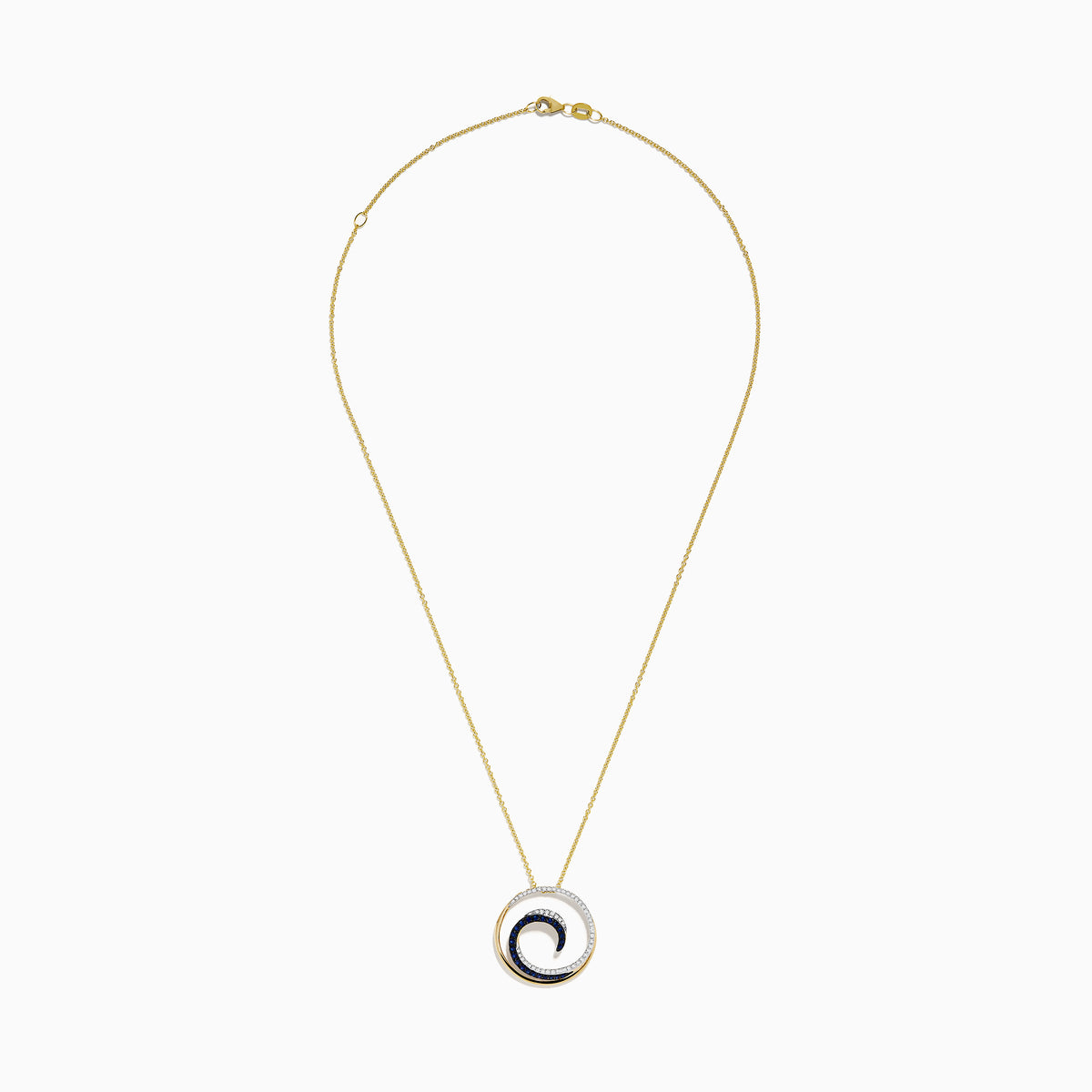 The Royale Bleu 14K Yellow Gold Sapphire & Diamond Wave Pendant (0.49 TCW) features a circular design with diamond waves, blue sapphire accents, yellow gold and silver finishes, and hangs from a fine chain for a delicate touch.