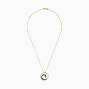 The Royale Bleu 14K Yellow Gold Sapphire & Diamond Wave Pendant (0.49 TCW) features a circular design with diamond waves, blue sapphire accents, yellow gold and silver finishes, and hangs from a fine chain for a delicate touch.