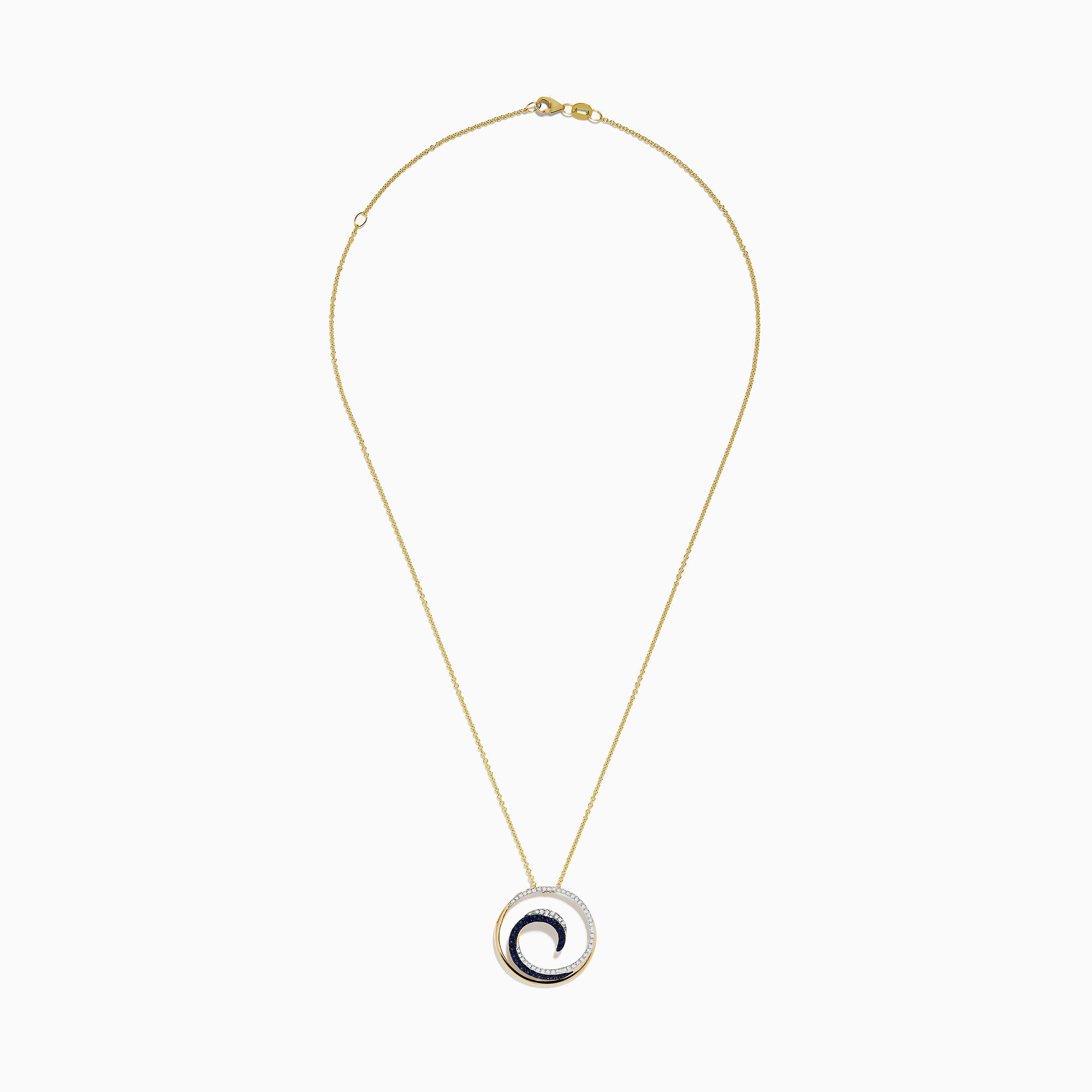 The Royale Bleu 14K Yellow Gold Sapphire & Diamond Wave Pendant (0.49 TCW) features a circular design with diamond waves, blue sapphire accents, yellow gold and silver finishes, and hangs from a fine chain for a delicate touch.
