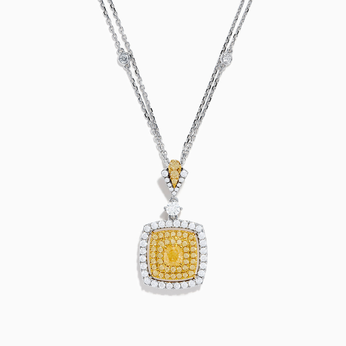 The Canare 18K Two Tone Gold Pendant features a double chain and a square pendant with yellow diamonds in the center, clear stones around, plus extra stones on the chain and bail.