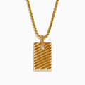 The Mens 14K Yellow Gold Diamond Pendant features a rectangular design with diagonal grooves, a row of diamonds at the bottom edge, and hangs from a thick box-style chain—a bold statement piece.