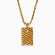 The Mens 14K Yellow Gold Diamond Pendant features a rectangular design with diagonal grooves, a row of diamonds at the bottom edge, and hangs from a thick box-style chain—a bold statement piece.