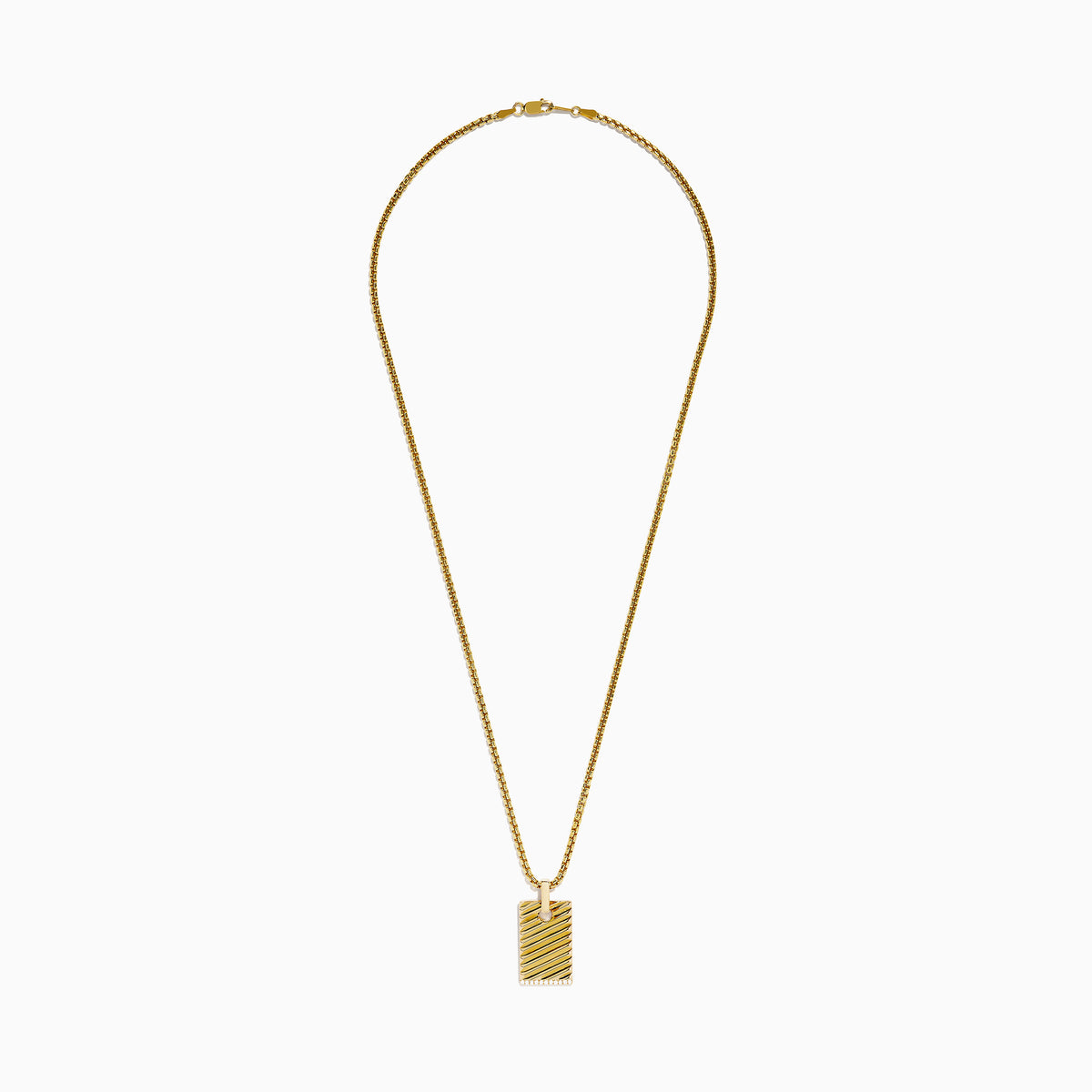 The Mens 14K Yellow Gold Diamond Pendant features a rectangular design with diagonal grooves, a row of diamonds at the bottom edge, and hangs from a thick box-style chain—a bold statement piece.
