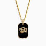 A sterling silver mens Casino Jackpot Pendant with diamond accents, featuring gold 777 numbers—a nod to the Lucky 7 slot win—on a black rectangular background.