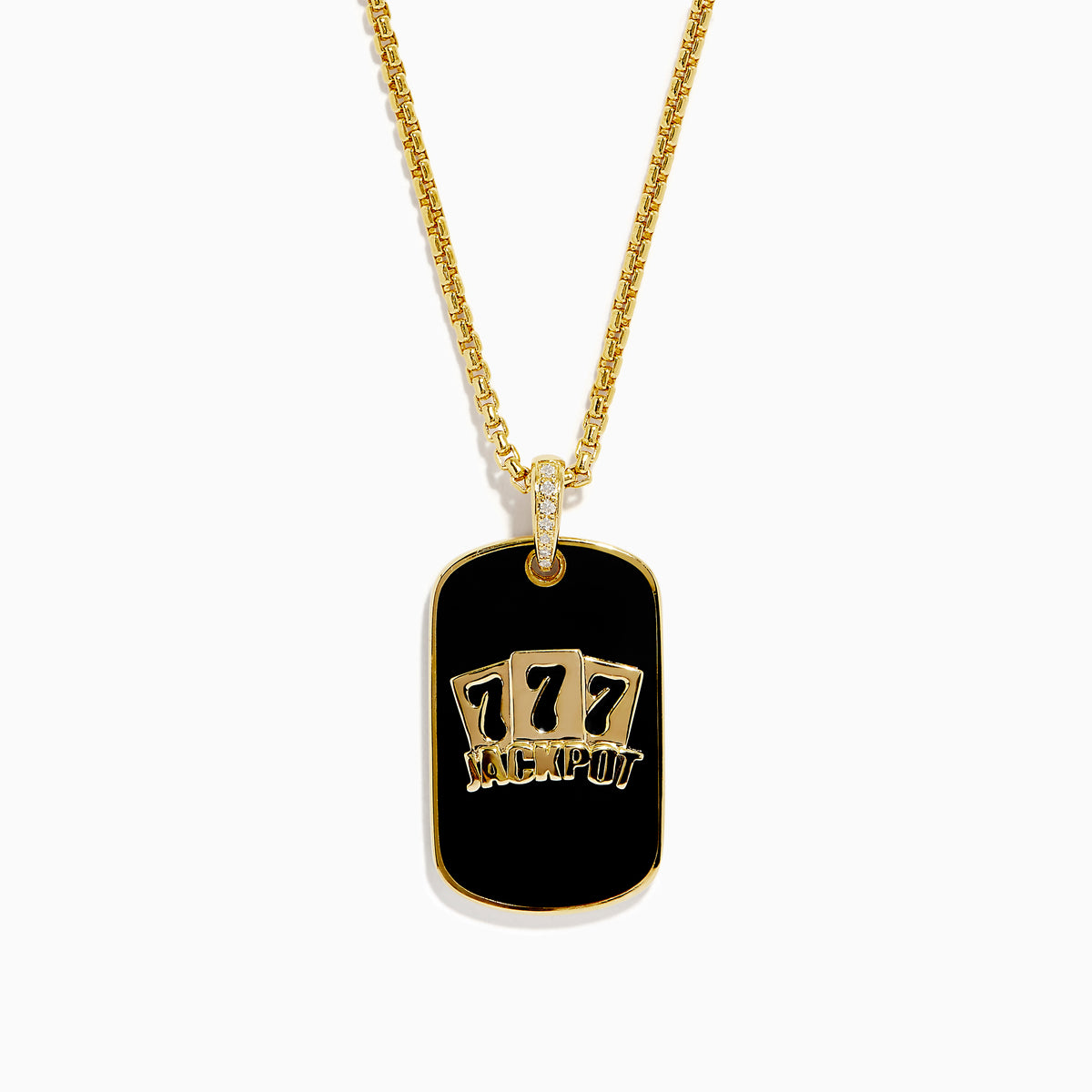 A sterling silver mens Casino Jackpot Pendant with diamond accents, featuring gold 777 numbers—a nod to the Lucky 7 slot win—on a black rectangular background.