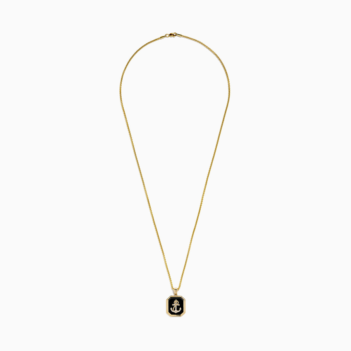 The Men's 14K Yellow Gold Onyx and Diamond Anchor Pendant features a rectangular onyx with a gold and diamond anchor in the center, beveled edges, and a medium-thickness 14K yellow gold chain.