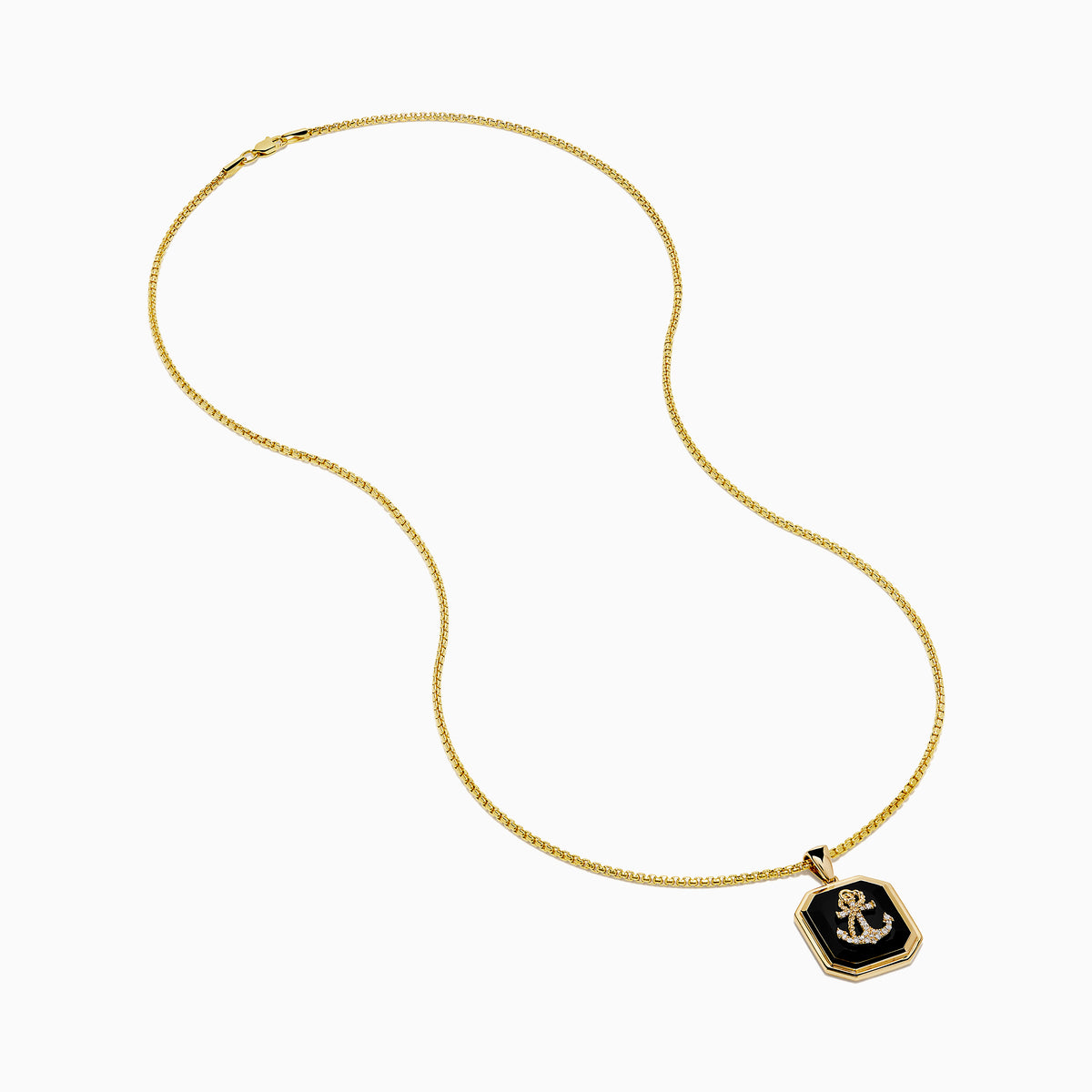 The Men's 14K Yellow Gold Onyx and Diamond Anchor Pendant features a rectangular onyx with a gold and diamond anchor in the center, beveled edges, and a medium-thickness 14K yellow gold chain.