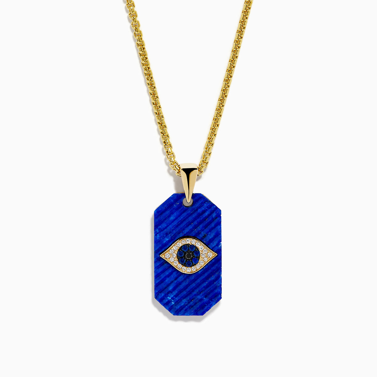 Men's 14K Yellow Gold Lapis Lazuli, White and Black Diamond Carved Evil Eye Pendant