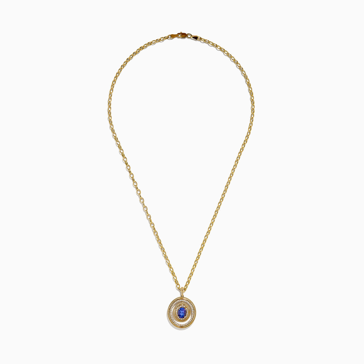 A close-up of a gold chain necklace with oval links and a lobster claw clasp, displayed vertically on white, perfect for showcasing the 14K Yellow Gold Tanzanite and Diamond Concentric Halo Pendant.
