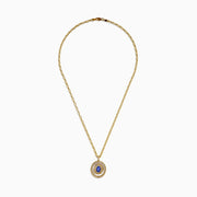 A close-up of a gold chain necklace with oval links and a lobster claw clasp, displayed vertically on white, perfect for showcasing the 14K Yellow Gold Tanzanite and Diamond Concentric Halo Pendant.