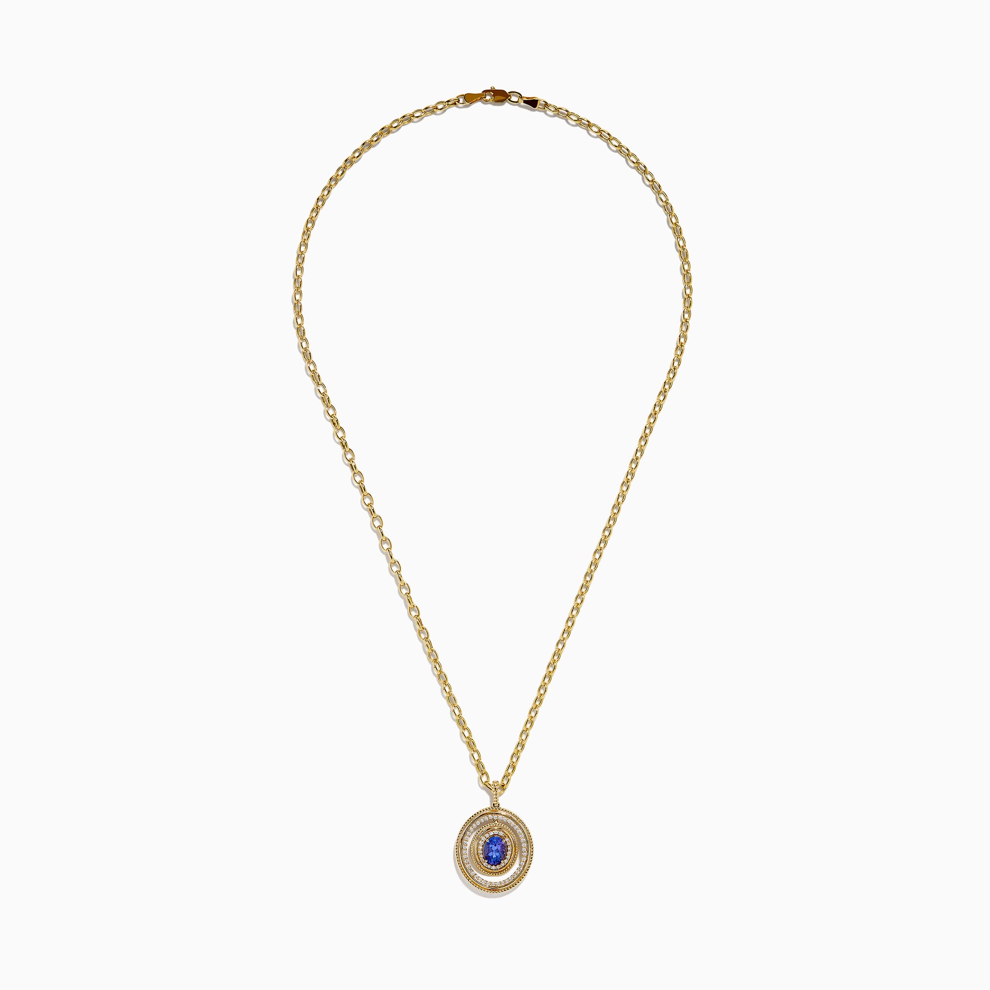 A close-up of a gold chain necklace with oval links and a lobster claw clasp, displayed vertically on white, perfect for showcasing the 14K Yellow Gold Tanzanite and Diamond Concentric Halo Pendant.