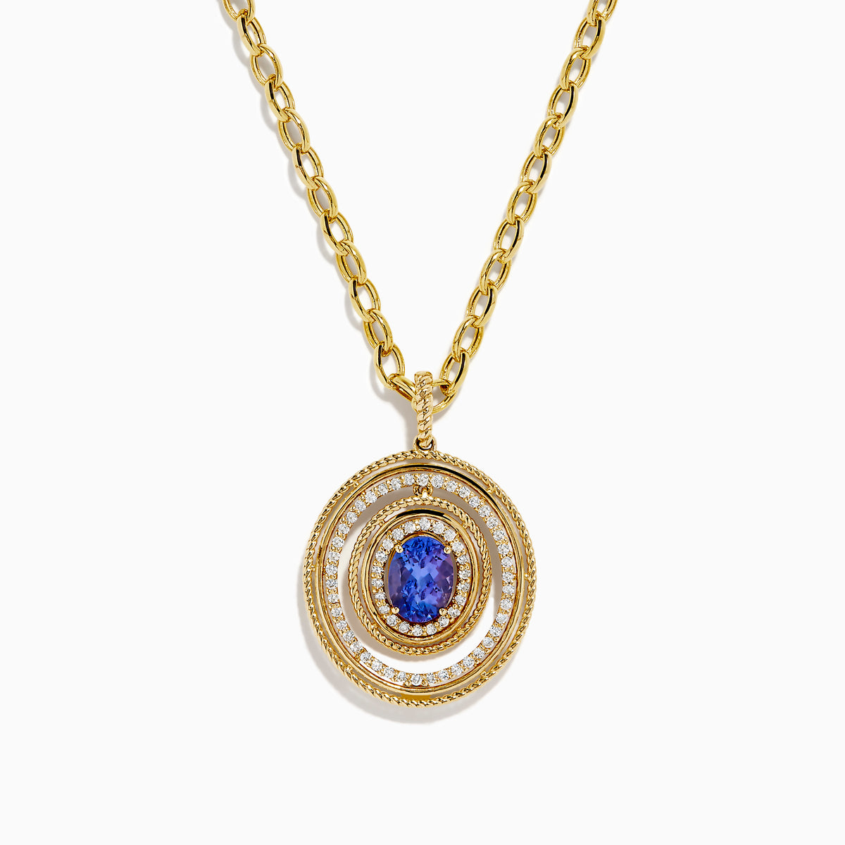 A close-up of a gold chain necklace with oval links and a lobster claw clasp, displayed vertically on white, perfect for showcasing the 14K Yellow Gold Tanzanite and Diamond Concentric Halo Pendant.