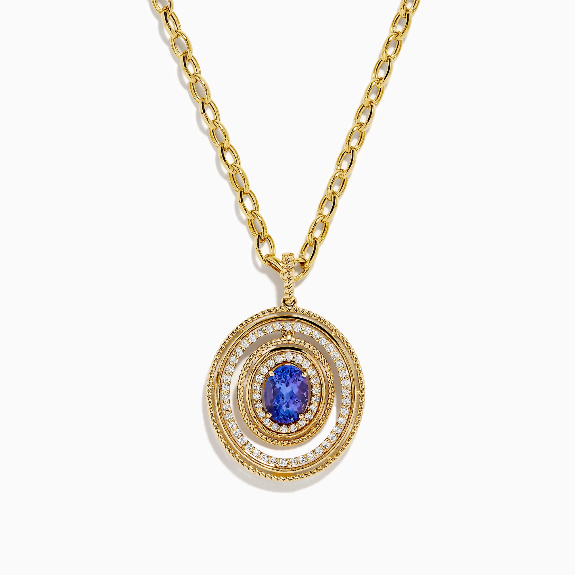 A close-up of a gold chain necklace with oval links and a lobster claw clasp, displayed vertically on white, perfect for showcasing the 14K Yellow Gold Tanzanite and Diamond Concentric Halo Pendant.