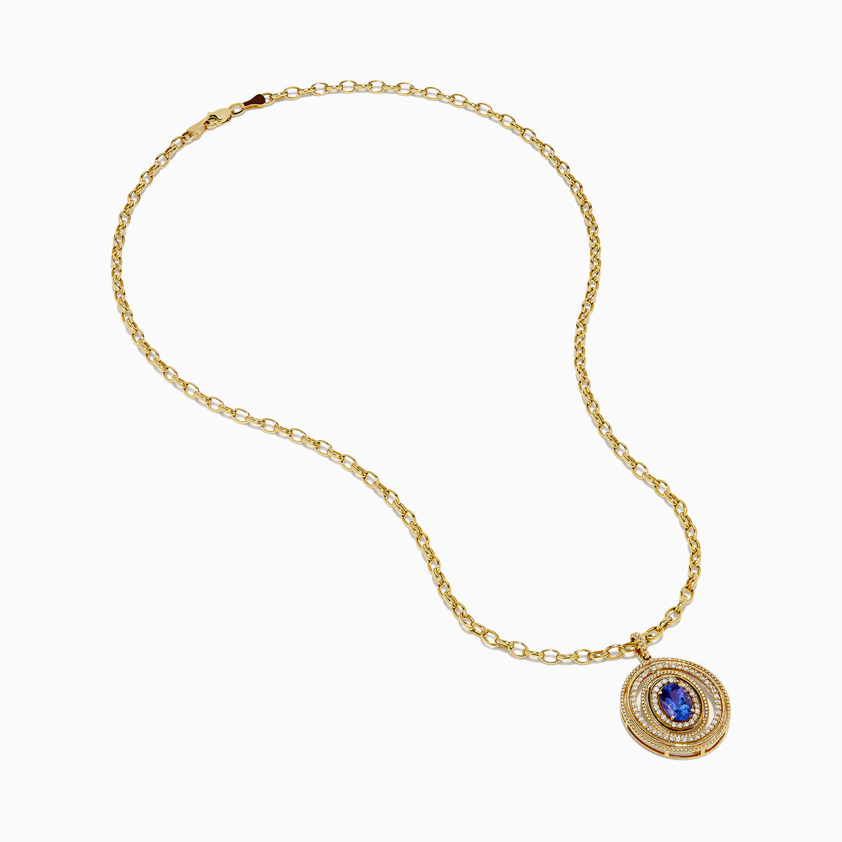 A close-up of a gold chain necklace with oval links and a lobster claw clasp, displayed vertically on white, perfect for showcasing the 14K Yellow Gold Tanzanite and Diamond Concentric Halo Pendant.