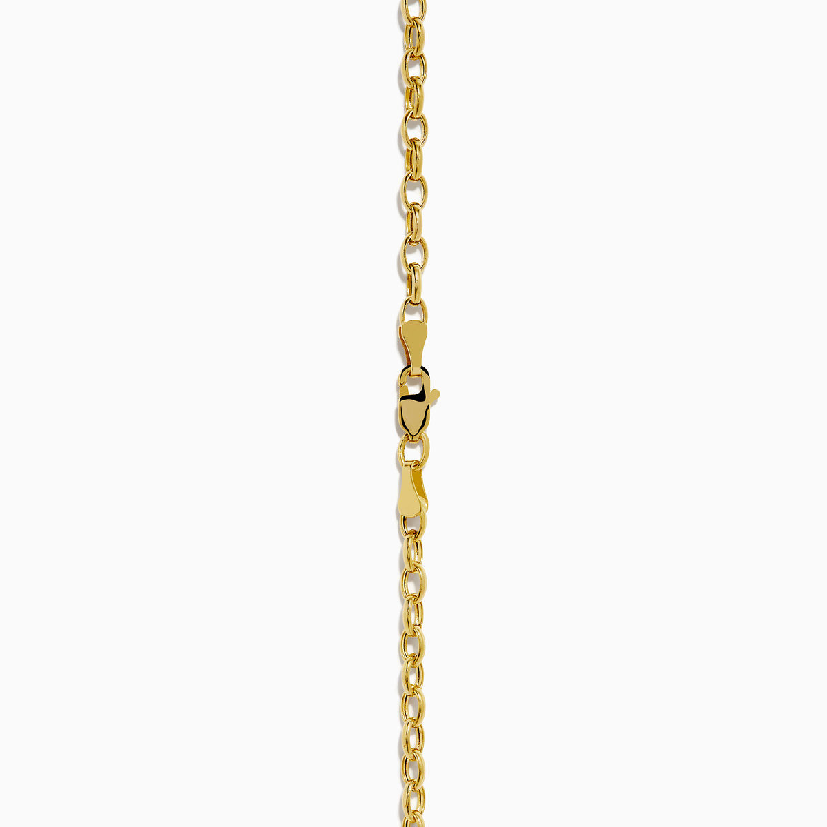 A close-up of a gold chain necklace with oval links and a lobster claw clasp, displayed vertically on white, perfect for showcasing the 14K Yellow Gold Tanzanite and Diamond Concentric Halo Pendant.