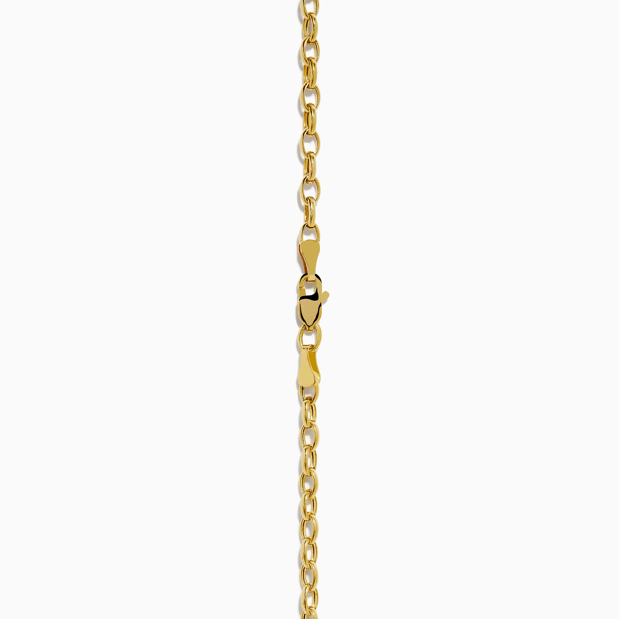 A close-up of a gold chain necklace with oval links and a lobster claw clasp, displayed vertically on white, perfect for showcasing the 14K Yellow Gold Tanzanite and Diamond Concentric Halo Pendant.