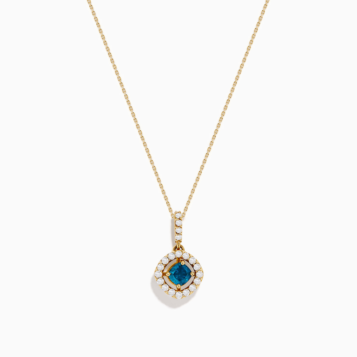 The 14K Yellow Gold Blue and White Diamond Halo Pendant features a round blue gemstone centerpiece surrounded by sparkling white diamonds, all set on a delicate fine chain.