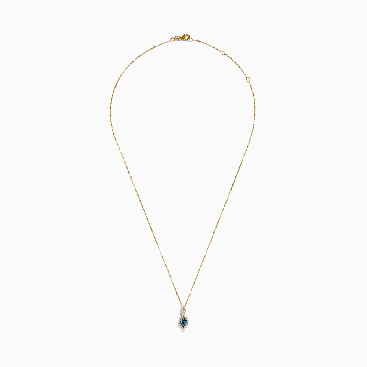 The 14K Yellow Gold Blue and White Diamond S-Curve Halo Pendant features a marquise-shaped blue and white diamond with small white stones in a symmetrical halo on a gold chain necklace.